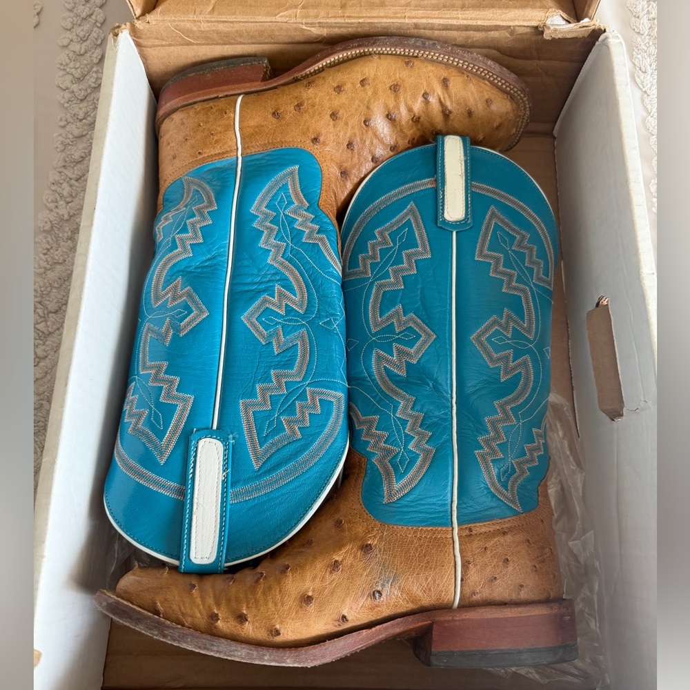 Anderson Bean Full Quill Ostrich Skin with Turquoise Uppers Western Boots